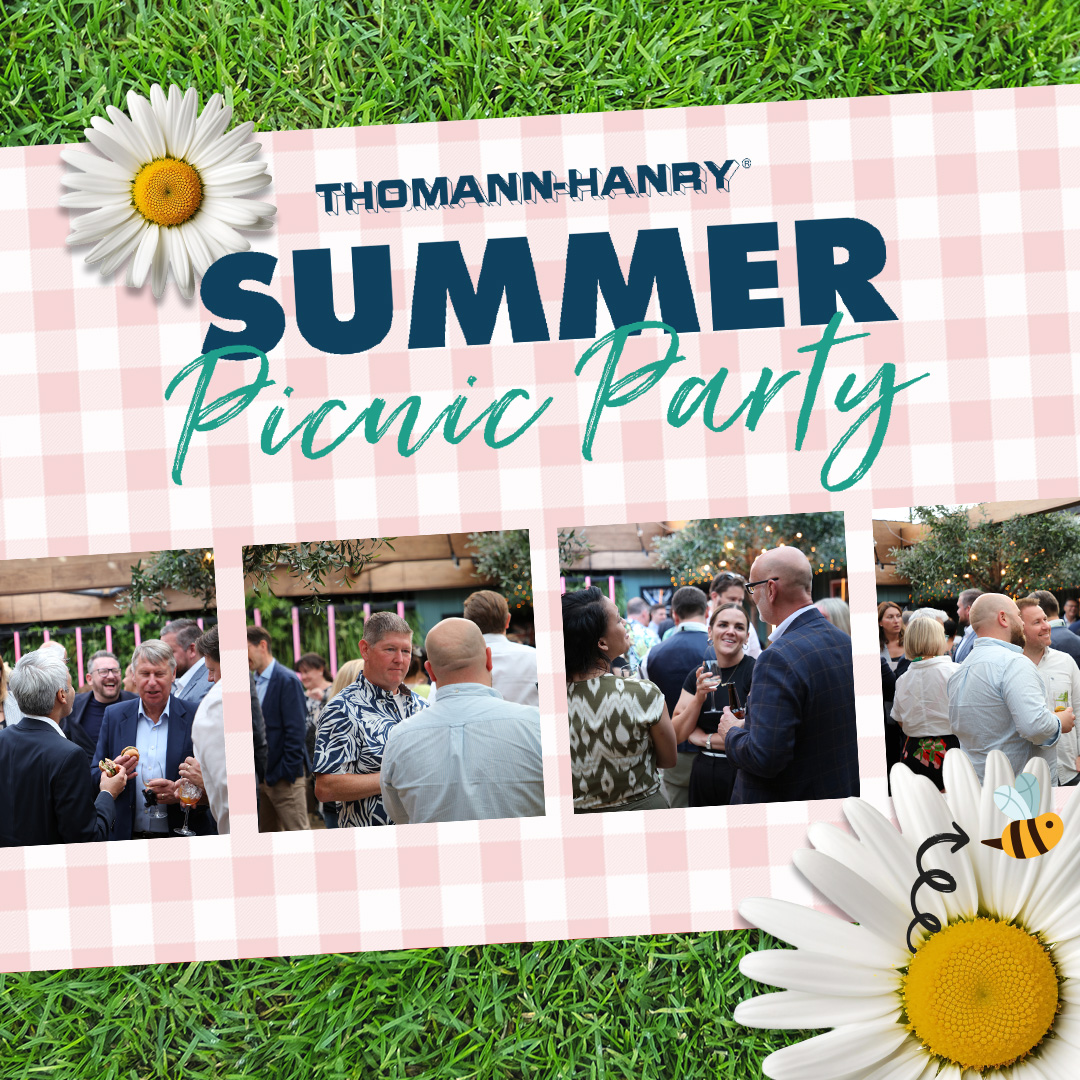 Thomann-Hanry® Summer Picnic Party 2024 Image contains a grass background with a picnic blanket (gingham design), summer flowers and images of people enjoying themselves at the event.