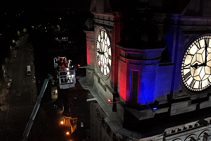 An image of the survey team at Thomann-Hanry® carrying out the inspection of the clock tower at The Balmoral Hotel, Edinburg, at night.