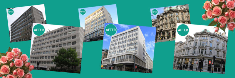 Examples of façade cleaning projects undertaken by Thomann-Hanry® (left to right), Alico House - Croydon, Yorkshire House - Leeds, and 1-5 London Wall - London. 