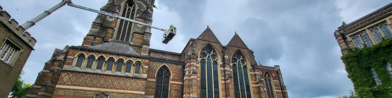 The Thomann-Hanry® surveying team carrying out a façade survey on the Grade I Listed Rugby Chapel